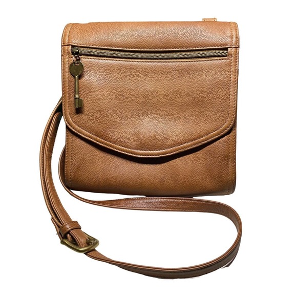 Fossil Handbags - Fossil Womens Cognac Leather Crossbody Snap Front Purse With Front Zip Pocket